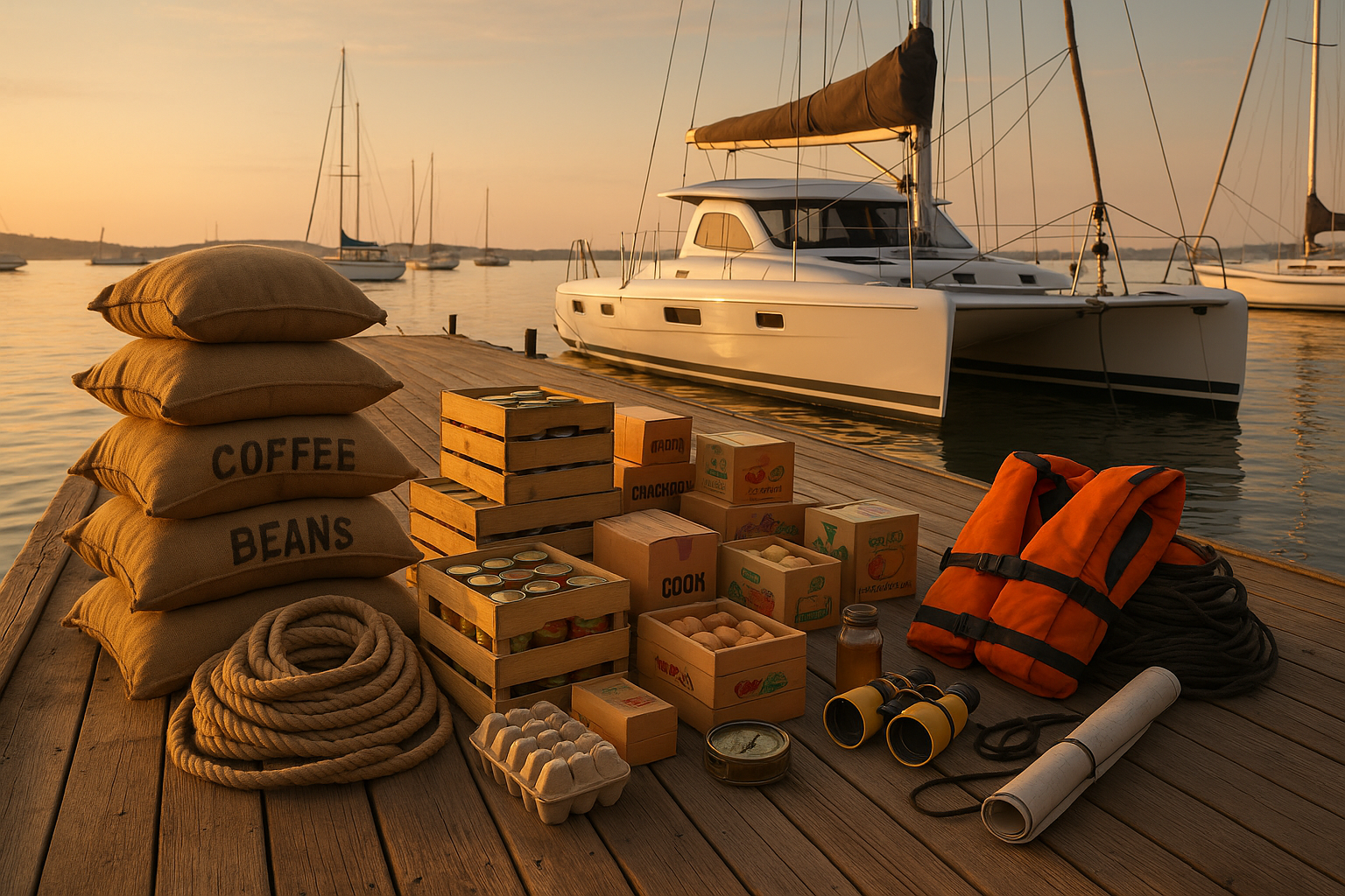 a dock with provisions for a long passage bags of coffee beans crates and boxes with food and nautical gear  a Catamaran sailboat waites to be loaded