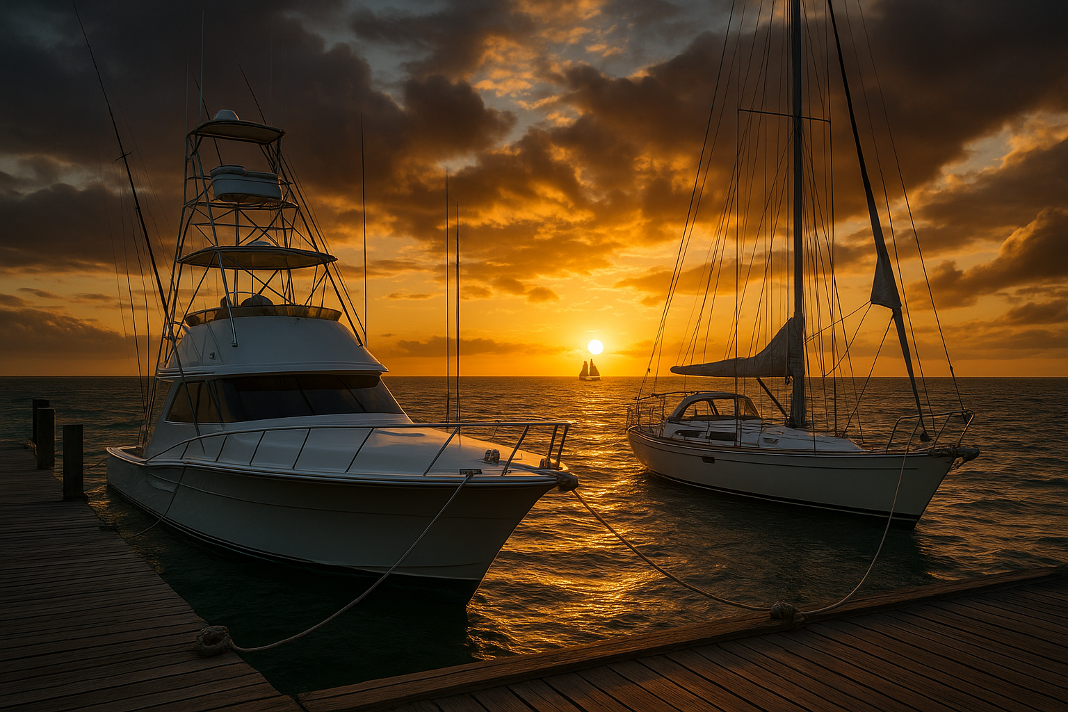 background setting the north sea in the fore ground sits a 60ft sport fishing boat with tower its tied to dock bow to bow with a mono-hull sailboat ready for an ocean crossing ,off in the sunset issailing catamaran with full sails 